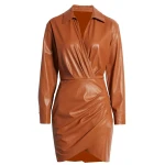 Cognac Leather Mini Wrap Dress