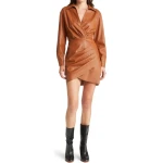 Cognac Leather Mini Wrap Dress