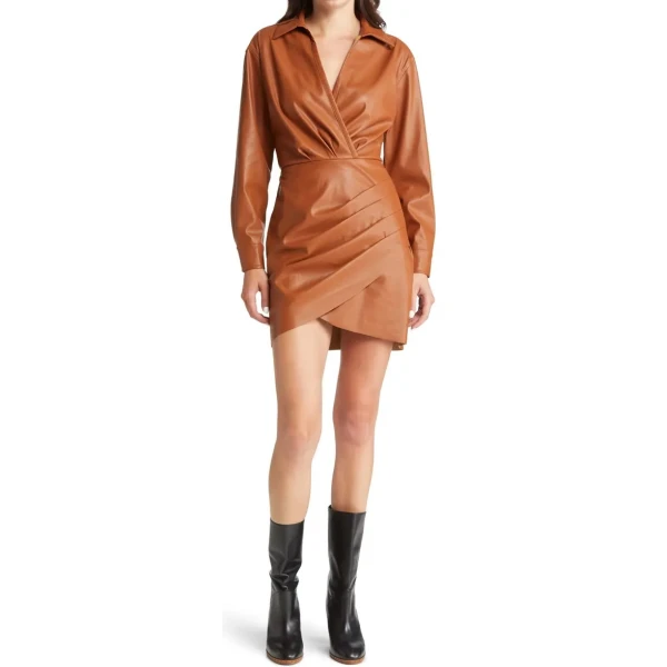 Cognac Leather Mini Wrap Dress