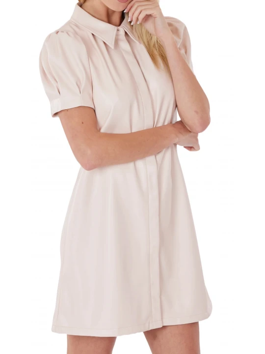 Cream Leather Mini Dress With Puff Sleeves