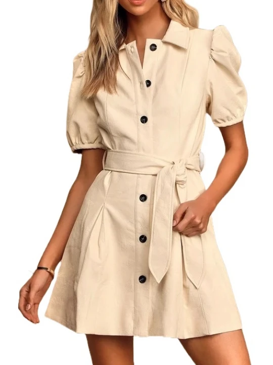 Cream Leather Puff Sleeve Button Front Mini Dress