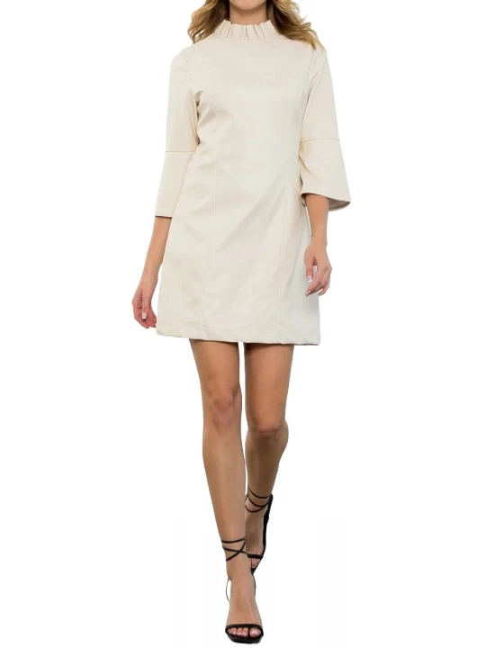 Cream Leather Wide Sleeve Dress