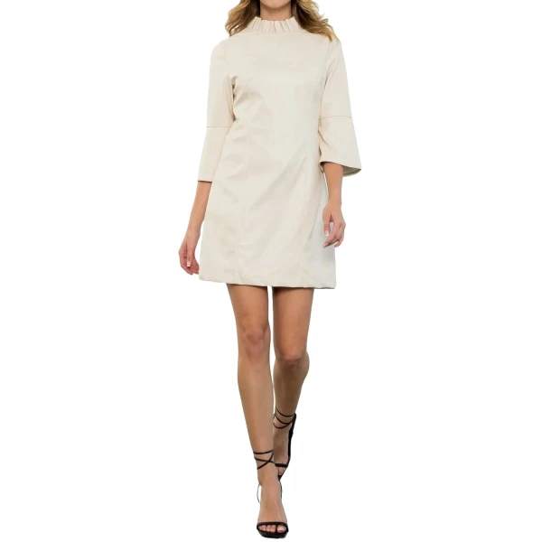 Cream Leather Wide Sleeve Dress