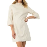 Cream Leather Wide Sleeve Dress