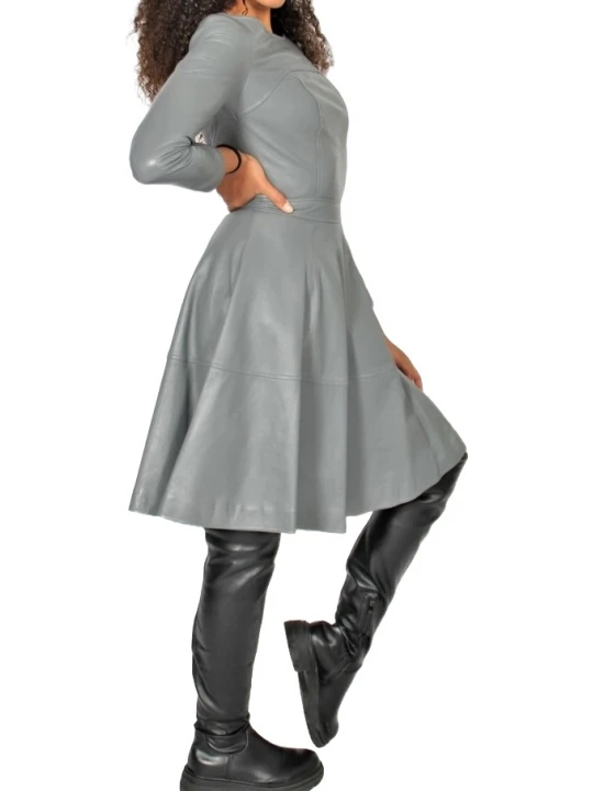 Lace Up Back Grey Leather Mini Dress