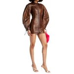 Lace Up Vintage Brown Leather Mini Dress
