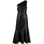 One Shoulder Black Leather Midi Dress