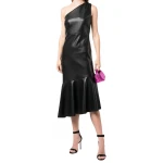 One Shoulder Black Leather Midi Dress