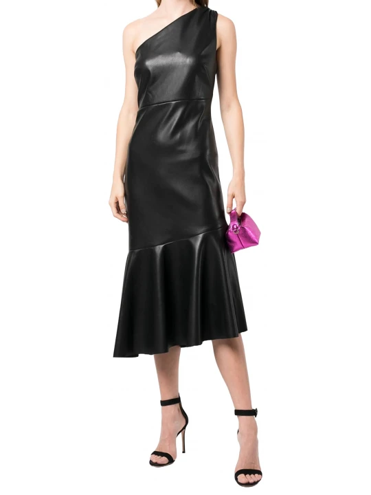 One Shoulder Black Leather Midi Dress