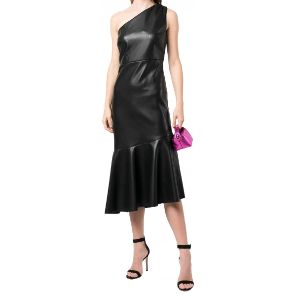 One Shoulder Black Leather Midi Dress