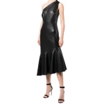 One Shoulder Black Leather Midi Dress