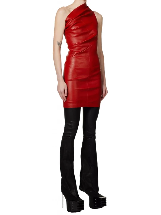 One Shoulder Leather Red Mini Dress