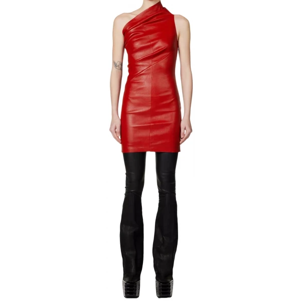 One Shoulder Leather Red Mini Dress