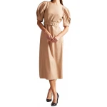 Puffed Sleeve Beige Leather Midi Dress