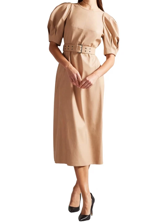 Puffed Sleeve Beige Leather Midi Dress