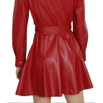 Red Leather Puff Shoulder Belted Dress