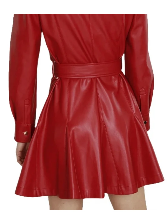 Red Leather Puff Shoulder Belted Dress