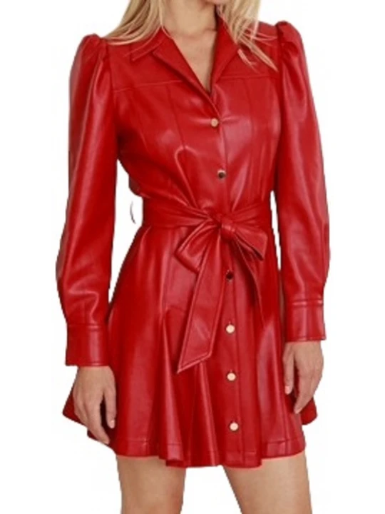 Red Leather Puff Shoulder Belted Dress