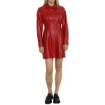 Red Leather Shirt Dress With Pintuck Waist