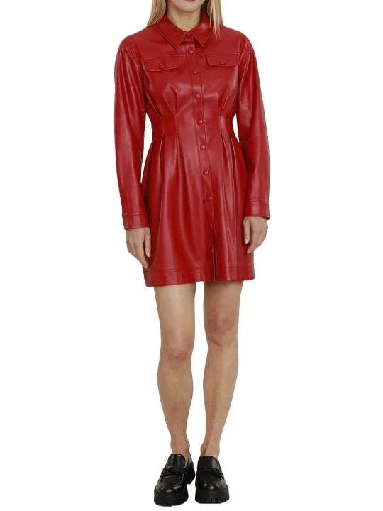 Red Leather Shirt Dress With Pintuck Waist