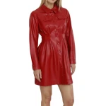 Red Leather Shirt Dress With Pintuck Waist