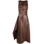 Scoop Neck Brown Leather Midi Dress