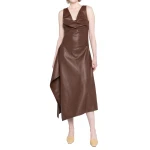 Scoop Neck Brown Leather Midi Dress