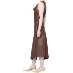 Scoop Neck Brown Leather Midi Dress
