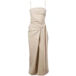 Side Tie Fastening Beige Leather Midi Dress