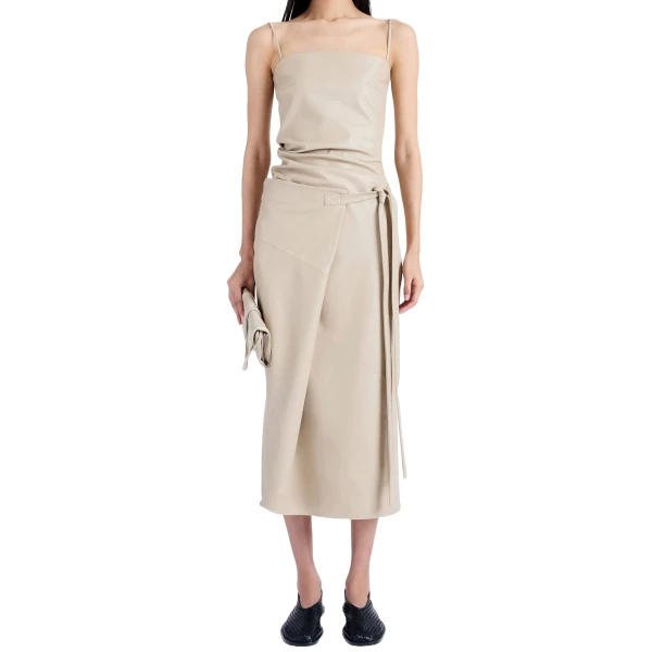 Side Tie Fastening Beige Leather Midi Dress