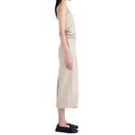Side Tie Fastening Beige Leather Midi Dress