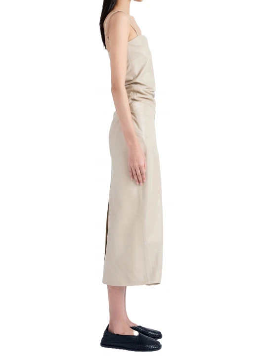 Side Tie Fastening Beige Leather Midi Dress