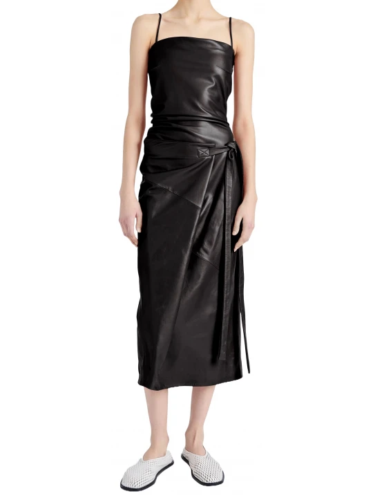Side Tie Fastening Black Leather Midi Dress