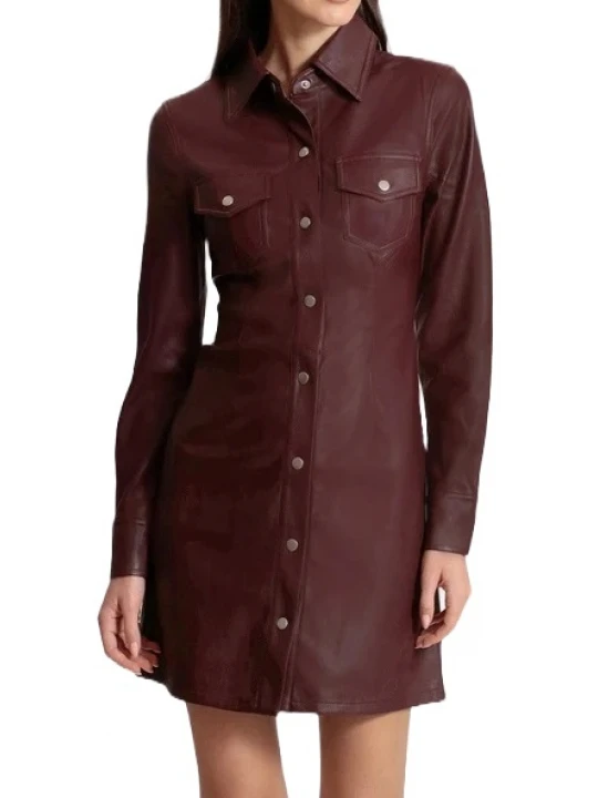 Snap Front Closure Burgundy Shirt Dress