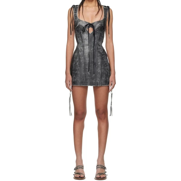 Sweetheart Neck Vintage Black Leather Minidress