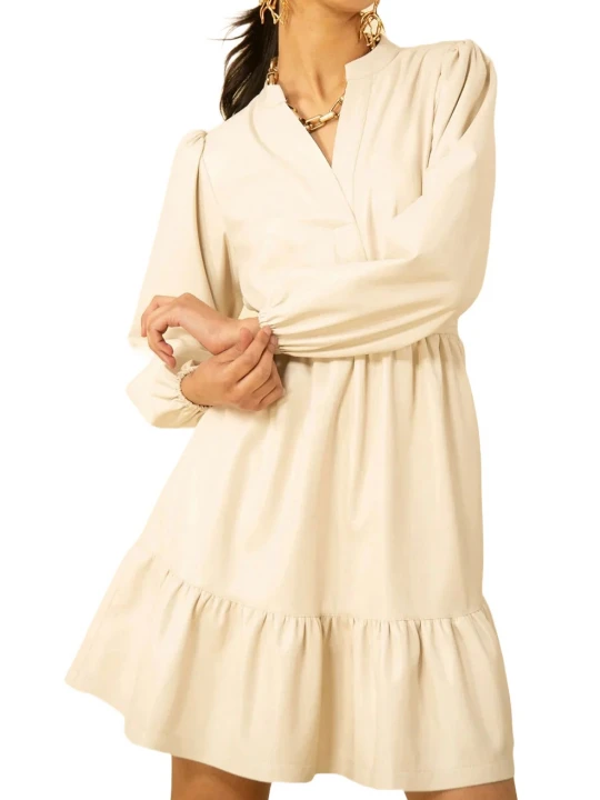 V Neck Cream Leather Dress