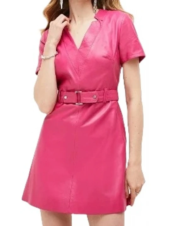 V Neck Leather Pink Minidress