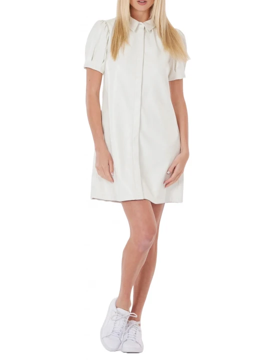 White Leather Mini Dress With Puff Sleeves