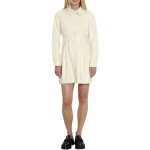 White Leather Shirt Dress With Pintuck Waist
