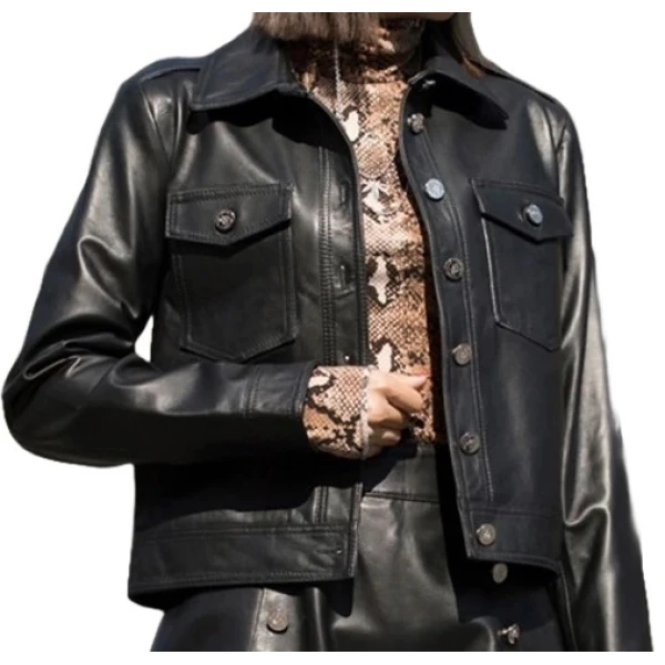 Womens Fabulous Outwear Dress Real Lambskin Black Leather Top And Skirt