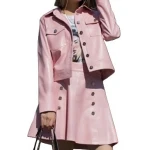 Womens Fabulous Outwear Dress Real Lambskin Pink Leather Top And Skirt