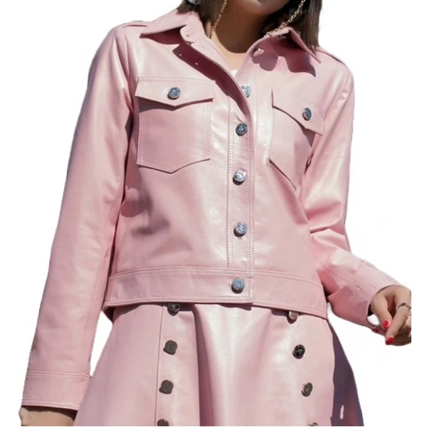 Womens Fabulous Outwear Dress Real Lambskin Pink Leather Top And Skirt