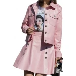 Womens Fabulous Outwear Dress Real Lambskin Pink Leather Top And Skirt