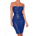 Womens Off Shoulder Blue Real Leather Party Midi Dress