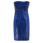 Womens Off Shoulder Blue Real Leather Party Midi Dress