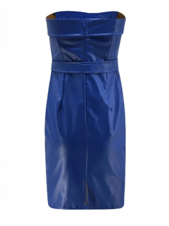 Womens Off Shoulder Blue Real Leather Party Midi Dress