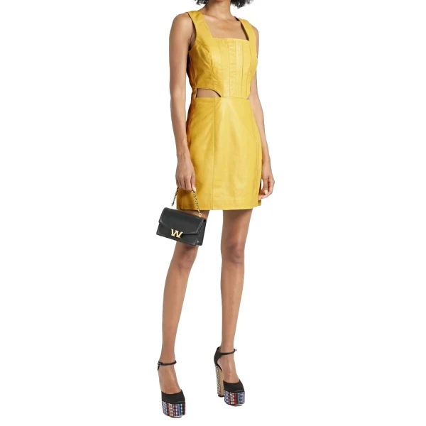 Yellow Cutout Leather Mini Dress