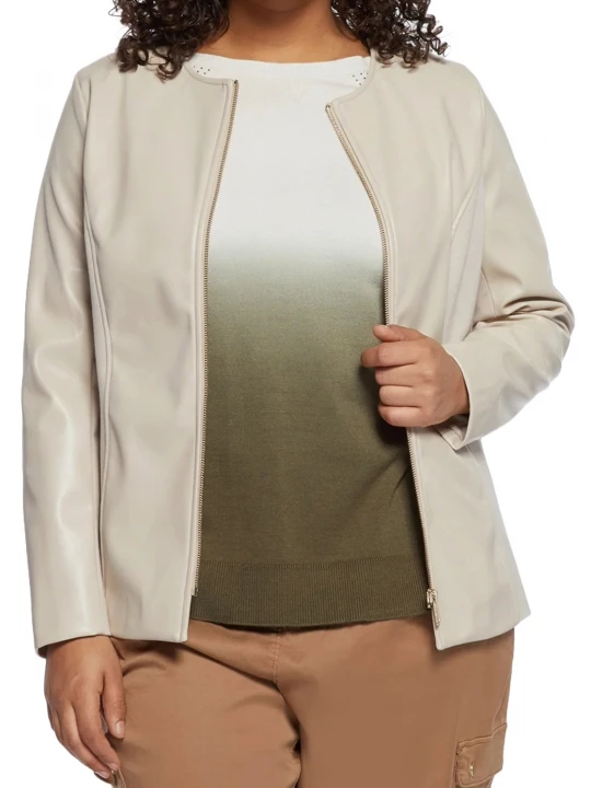 Beige Leather Collarless Jacket