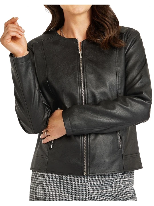 Black leather jacket without a collar