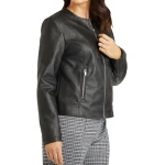 Black leather jacket without a collar